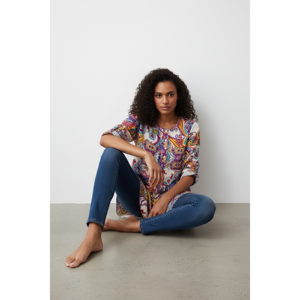 Anthropologie Fig & Flower Paisley Tunic Top M Multicolor Exc Boho Artsy Global